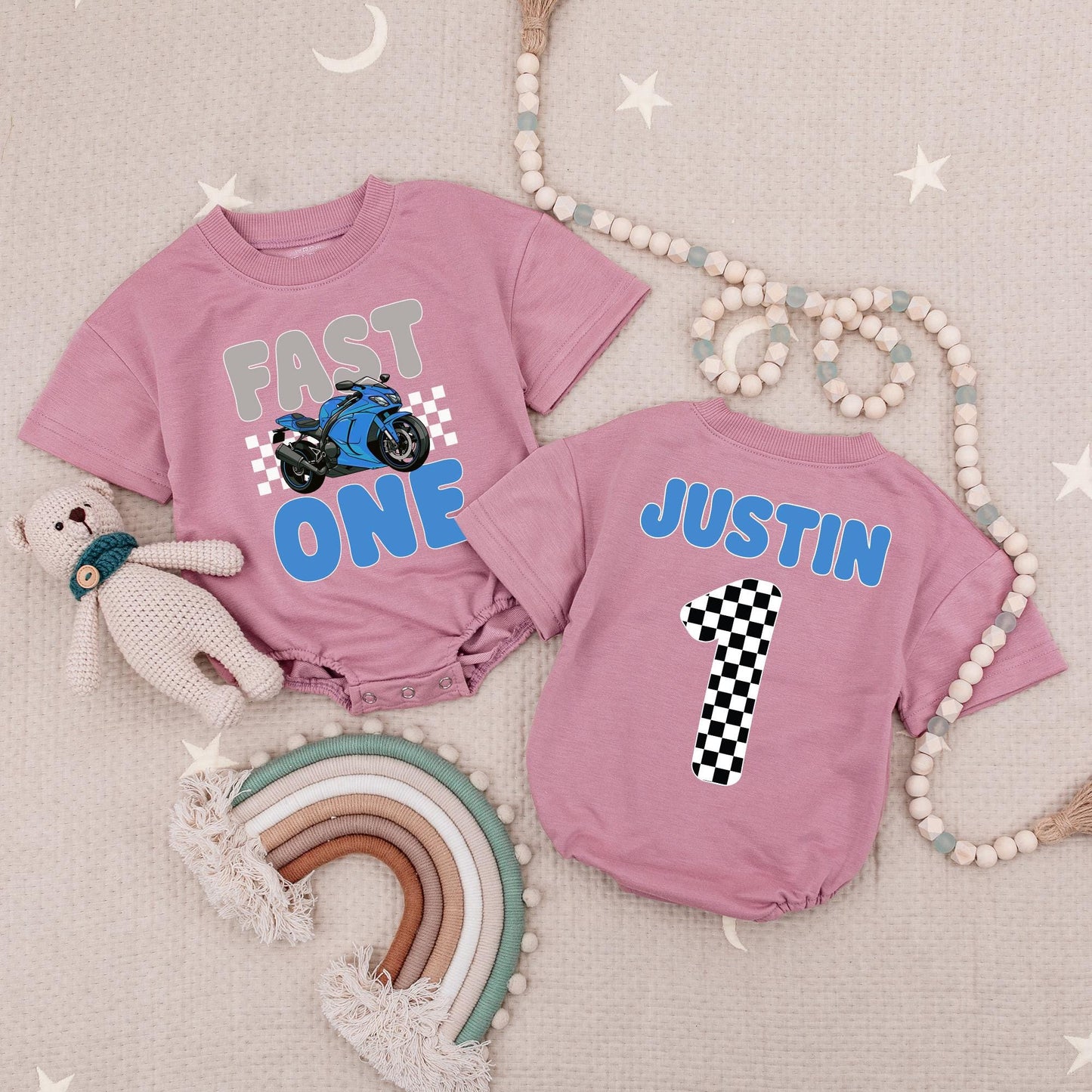 Fast One 1st Birthday Romper: Blue Motorcycle Graphic, Justin Design Baby Boy Outfit, Biker Theme 1st Birthday Shirt
