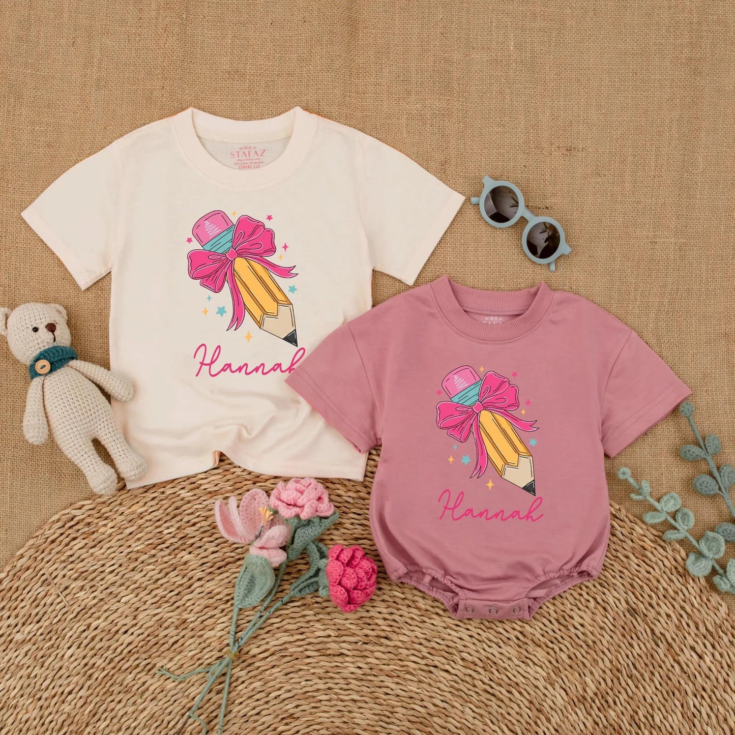 Personalized Pencil Bow Baby Romper Custom Name Back To School First Day Preschool Girl Toddler Gift