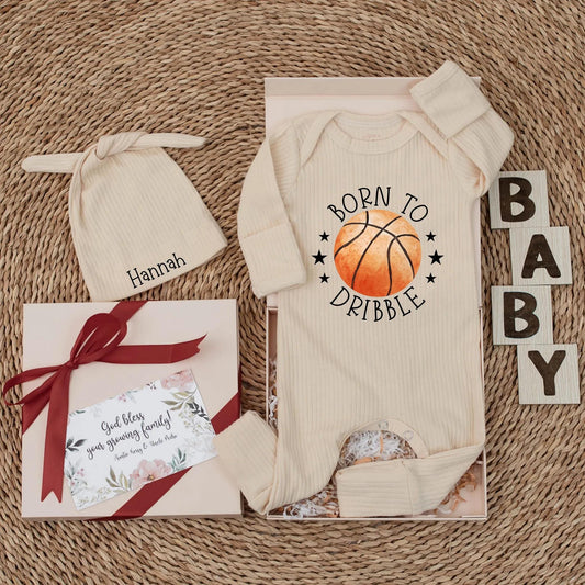 Personalized Born to Dribble Basketball Baby Bodysuit Soft Cotton Newborn Sports Outfit Gift for New Dad Funny Game Day Baby Shower