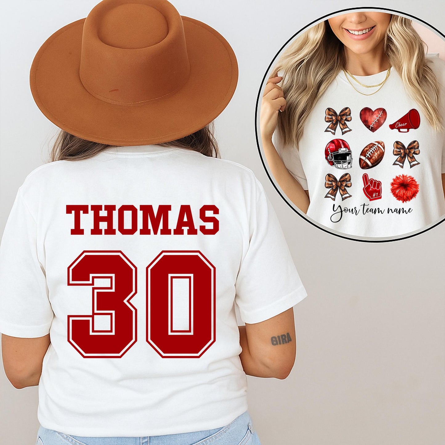 Custom Team Name Football Bow Shirt Cheer Mom School Mascot Coquette Style Game Day Apparel for Cheerleaders and Supportive Fans