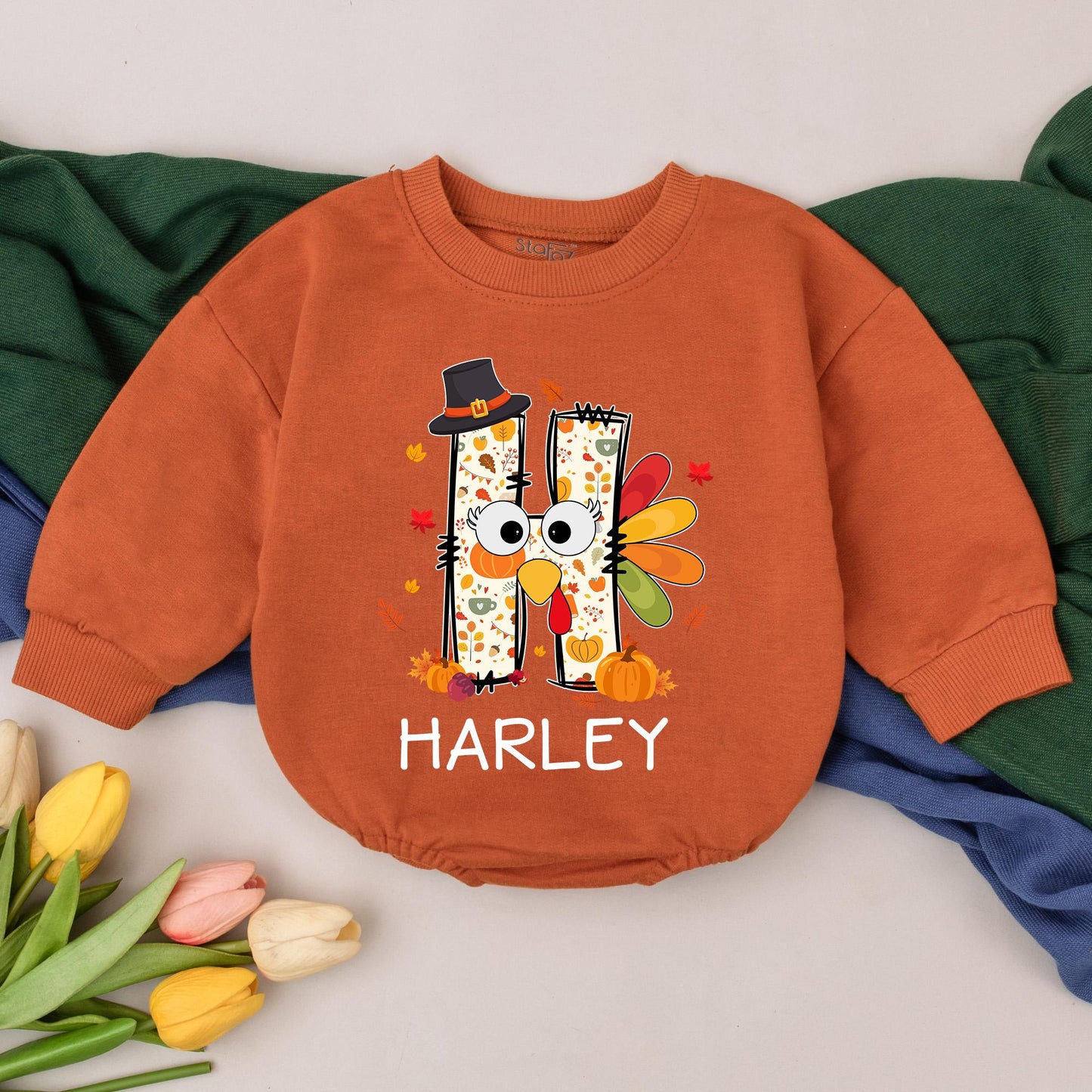 Personalized Thanksgiving Baby Romper Turkey Outfit First Fall Baby Gift, Baby Shower Bodysuit Announcement, Little Turkey