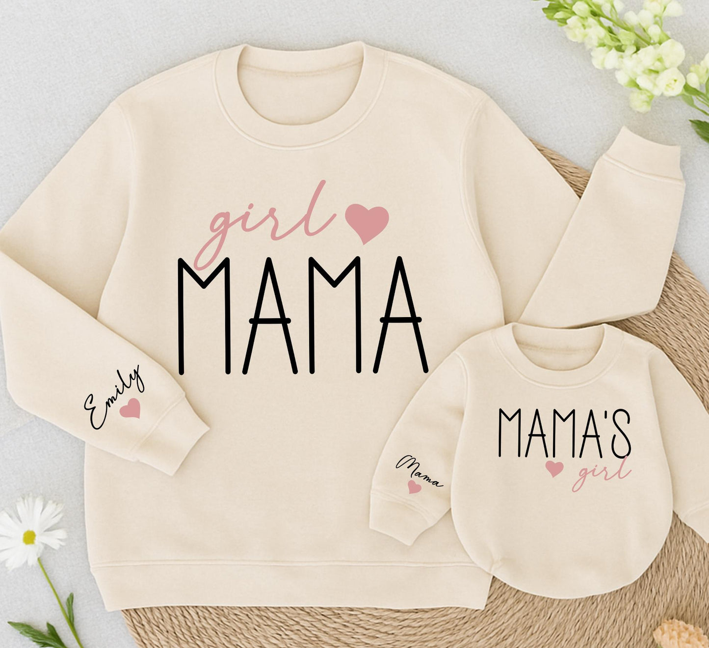 Custom Mama and Girl Matching Sweatshirt Romper Set for Mom and Baby Daughter Pink Heart Detail Cozy Christmas Gift for Her