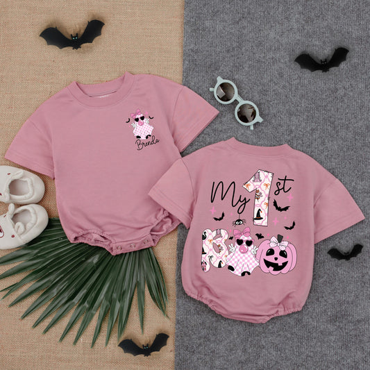 Custom My First Boo Pink Bubble Romper Girl Halloween Outfit Toddler Spooky Apparel Soft Comfortable Cotton Baby Gift Idea Fall Season