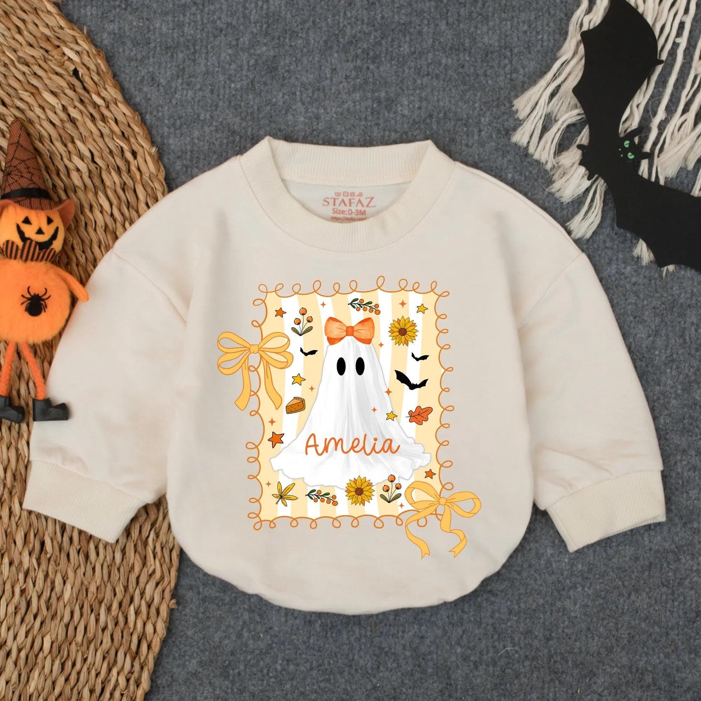 Cute Custom Ghost Baby Romper Amelia Halloween Outfit Orange Bow Spooky Season Infant Bodysuit Fall Gift