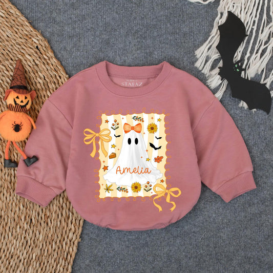 Cute Custom Ghost Baby Romper Amelia Halloween Outfit Orange Bow Spooky Season Infant Bodysuit Fall Gift