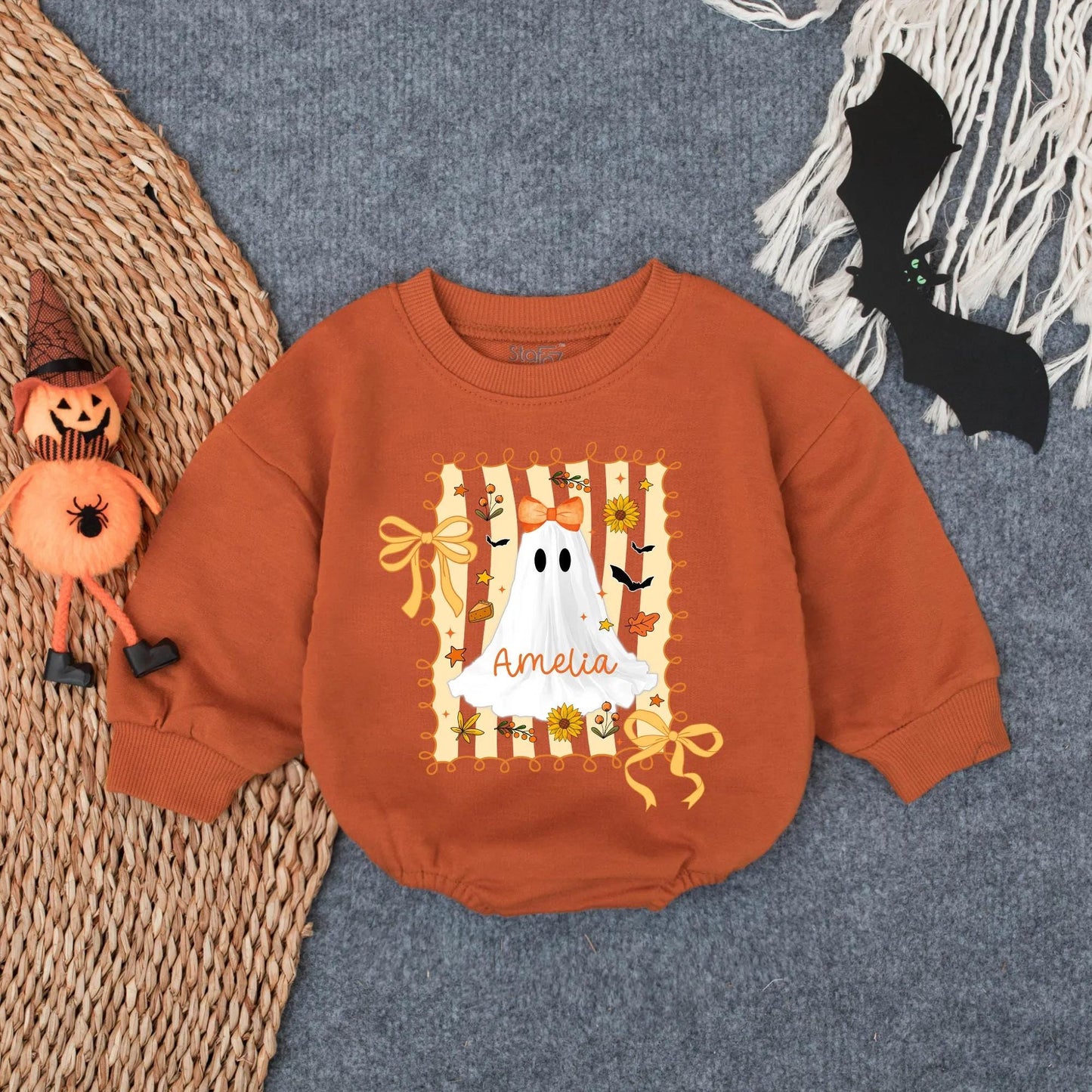 Cute Custom Ghost Baby Romper Amelia Halloween Outfit Orange Bow Spooky Season Infant Bodysuit Fall Gift