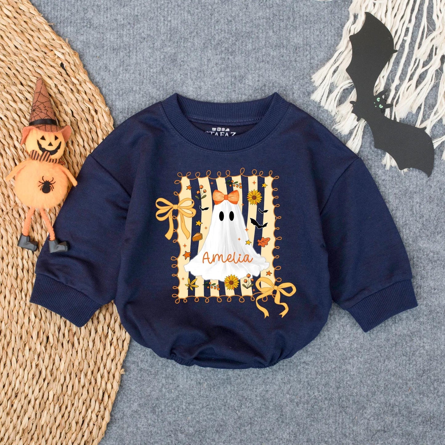Cute Custom Ghost Baby Romper Amelia Halloween Outfit Orange Bow Spooky Season Infant Bodysuit Fall Gift