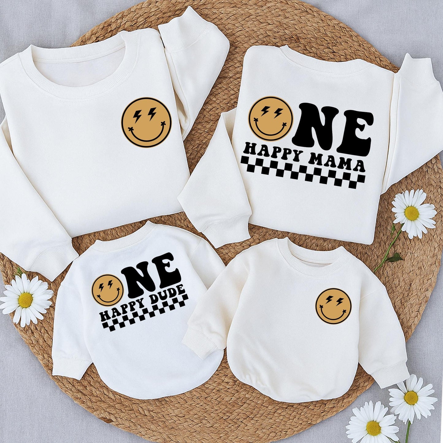 One Happy Dude 1st Birthday Matching Family Sweatshirt Set Smiley Face Party Outfit Tan Lightning Bolt Eyes First Birthday Bodysuit Mom Dad Gift (2 Sided)