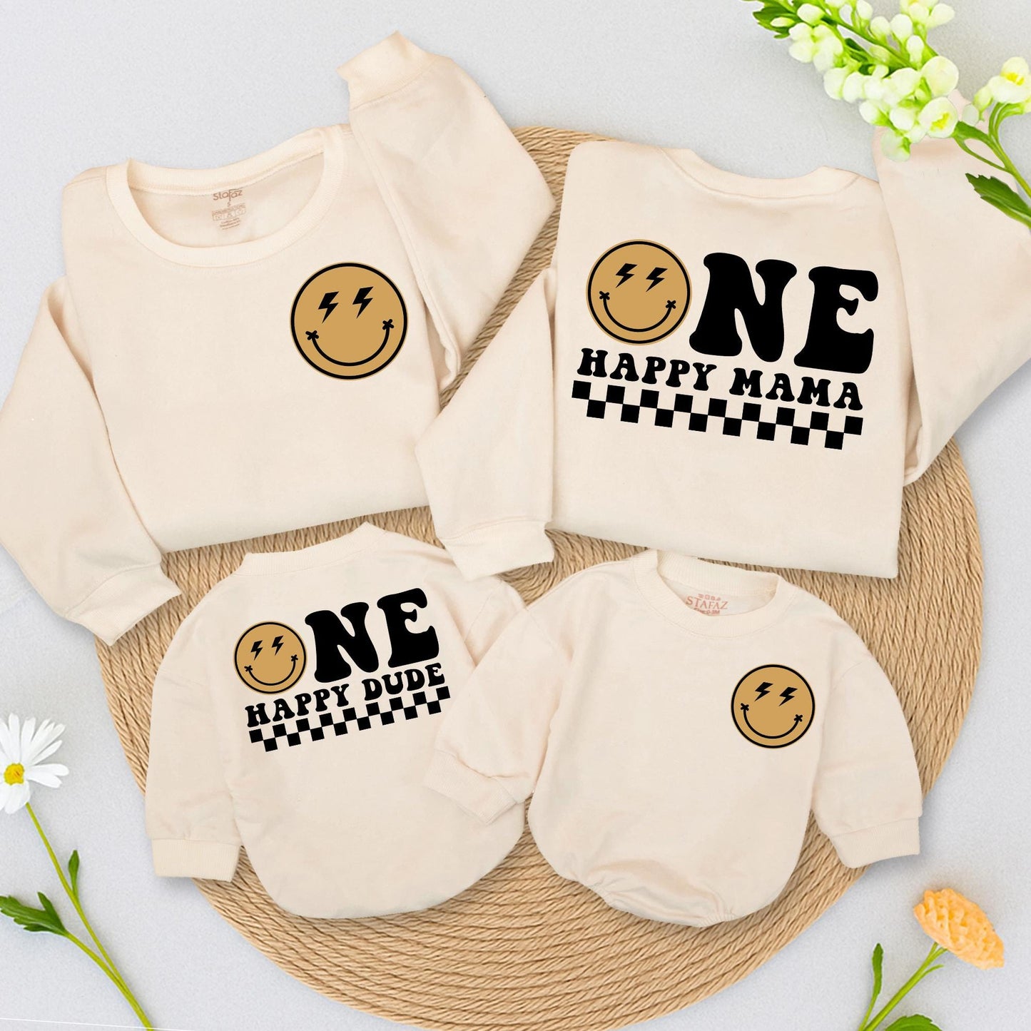 One Happy Dude 1st Birthday Matching Family Sweatshirt Set Smiley Face Party Outfit Tan Lightning Bolt Eyes First Birthday Bodysuit Mom Dad Gift (2 Sided)