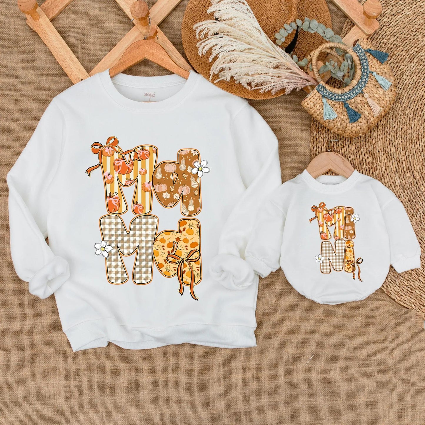 Cozy Mommy and Me Fall Sweatshirts with Sparkly Autumn Pumpkin Design, Soft Thanksgiving Mom Baby Outfits and Mother Daughter Sweaters