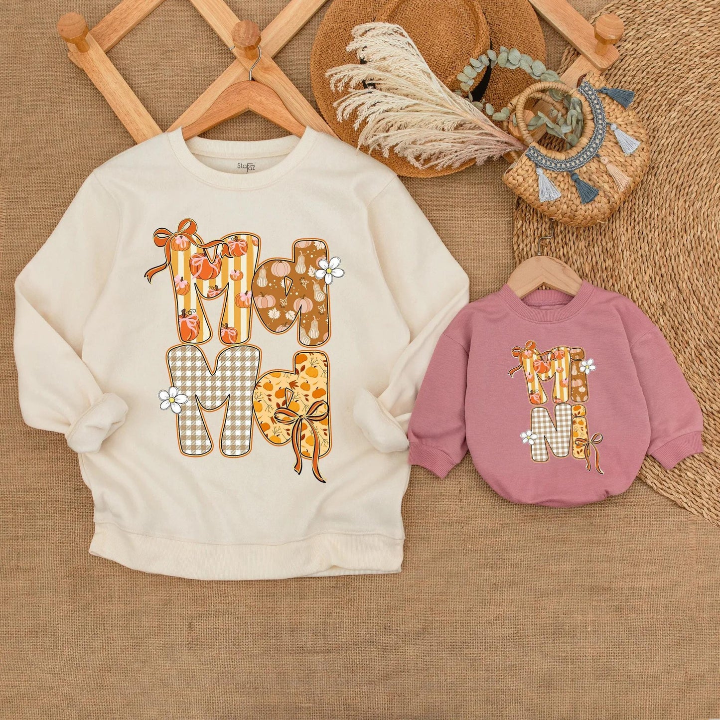 Cozy Mommy and Me Fall Sweatshirts with Sparkly Autumn Pumpkin Design, Soft Thanksgiving Mom Baby Outfits and Mother Daughter Sweaters