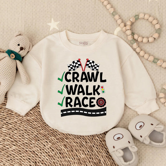Crawl Walk Race Baby Bubble Bodysuit Funny Race Car Romper Baby Boy Racing Outfit Newborn Race Theme Clothes Fan Shower Gift