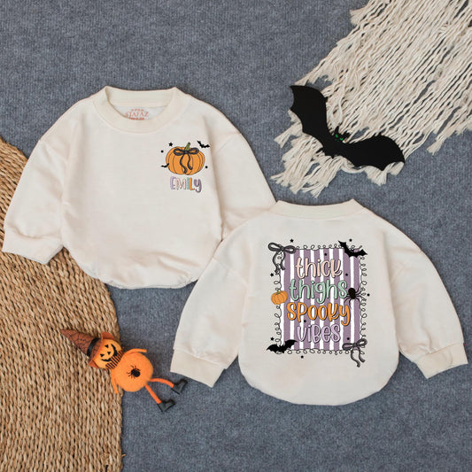 Custom Thick Thighs Spooky Vibes Baby Bubble Romper Infant Fall Clothes Halloween Gift for Baby Girl Toddler Outfit