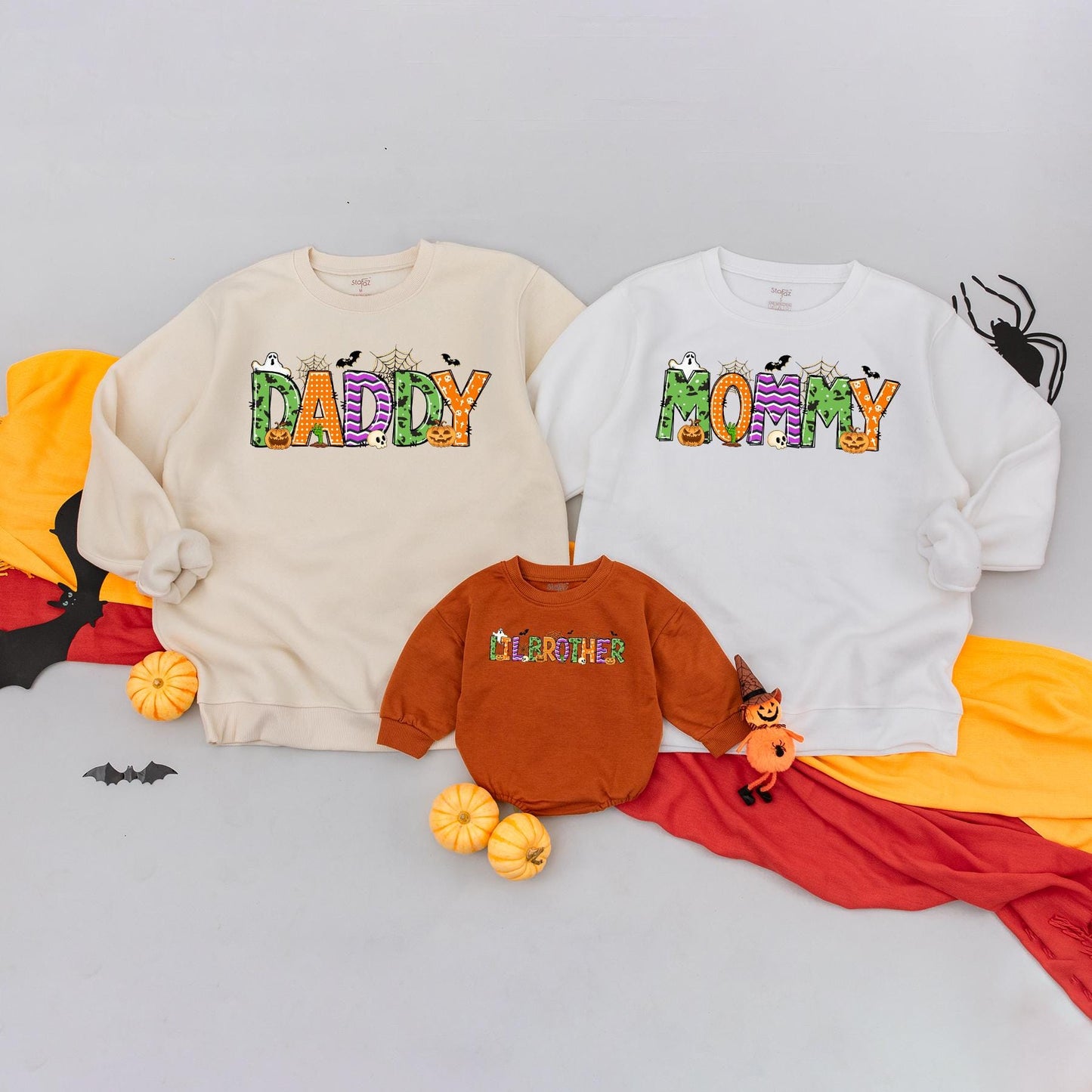 Personalized Family Halloween Matching Name Sweatshirt Ghost Birthday Outfit Baby Boy Bodysuit Fall Autumn Cozy Crew Shirt