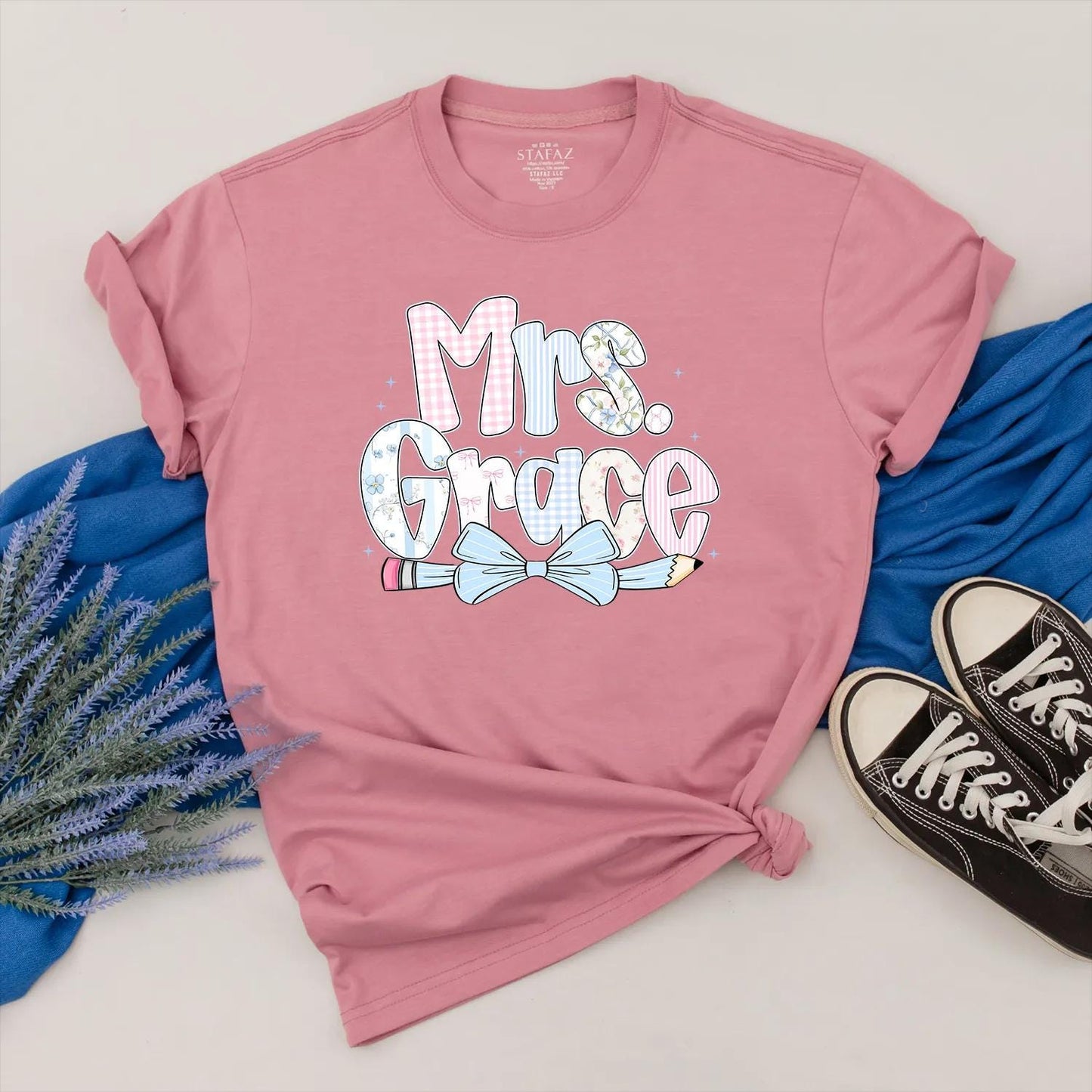 Personalized Teacher Shirt with Pencil Bow Design, Cute Back to School Outfit, First Day of School Clothes, Custom Gift for Teacher