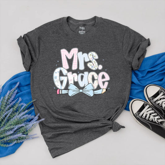 Personalized Teacher Shirt with Pencil Bow Design, Cute Back to School Outfit, First Day of School Clothes, Custom Gift for Teacher