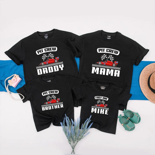Custom Pit Crew Family Matching Race Day Shirts for 1st Birthday Party, Fast One Baby Boy Outfit and Race Car Theme Celebration Gift