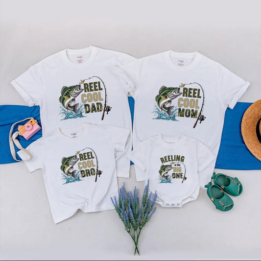 Personalized Reel Cool Family Matching Fishing Shirts Reeling in the Big One Outdoor Birthday Party Outfit for Baby Boy Fishermen