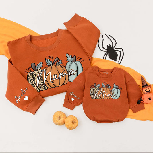 Personalized Mama Mini Pumpkin Matching Fall Sweatshirts Baby Infant Toddler Bodysuit Soft Cozy Family Outfits for Autumn Thanksgiving Season