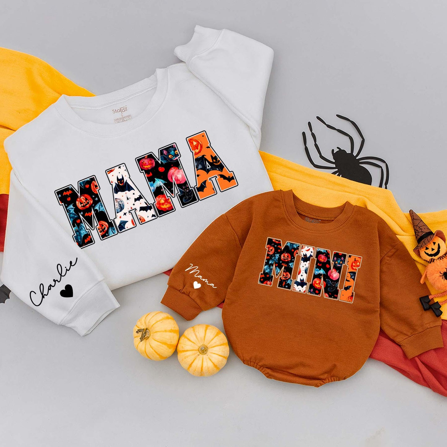 Personalized Mama Mini Halloween Sweatshirts Matching Family Spooky Season Thanksgiving Fall Comfortable Sweater Baby Bodysuit Outfit