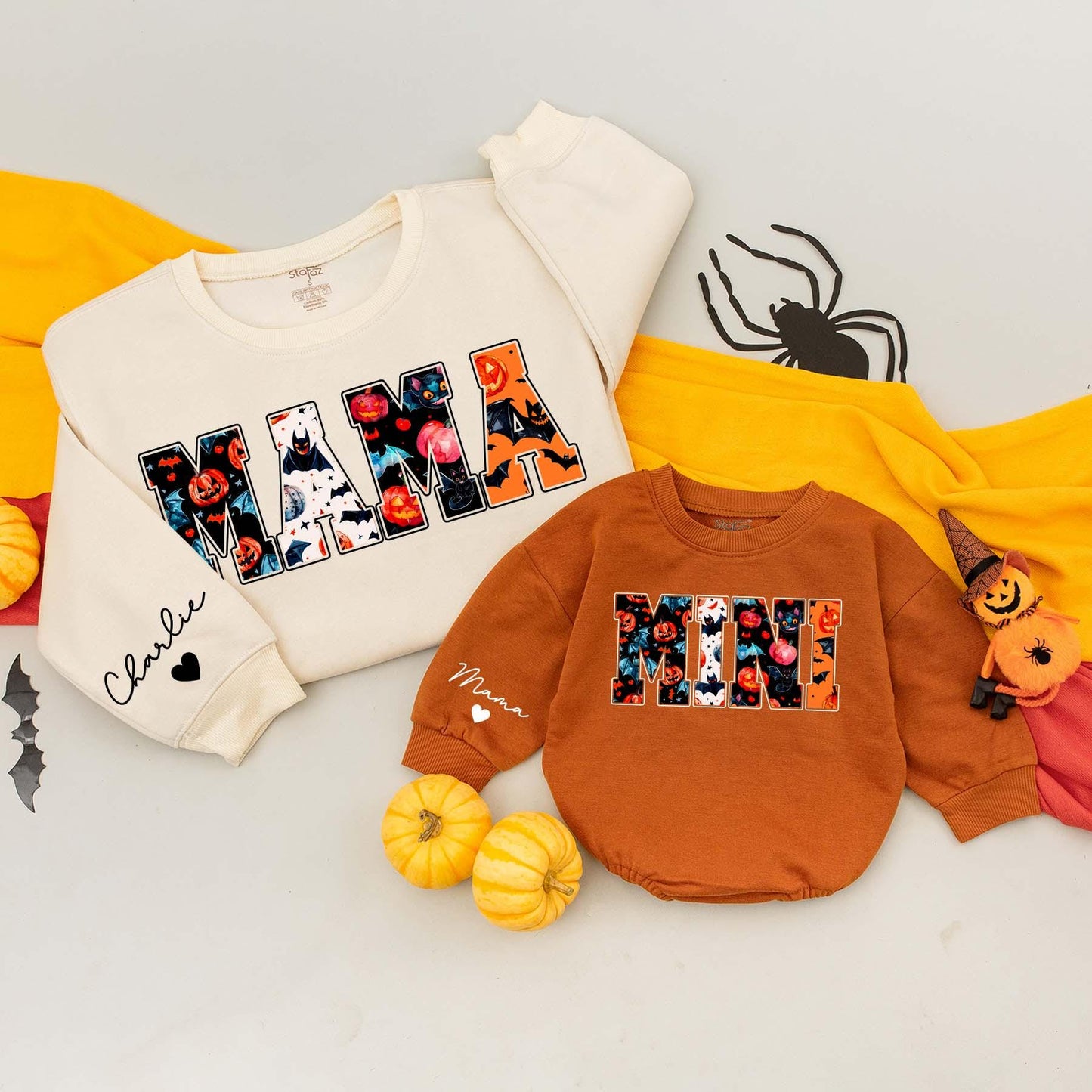 Personalized Mama Mini Halloween Sweatshirts Matching Family Spooky Season Thanksgiving Fall Comfortable Sweater Baby Bodysuit Outfit