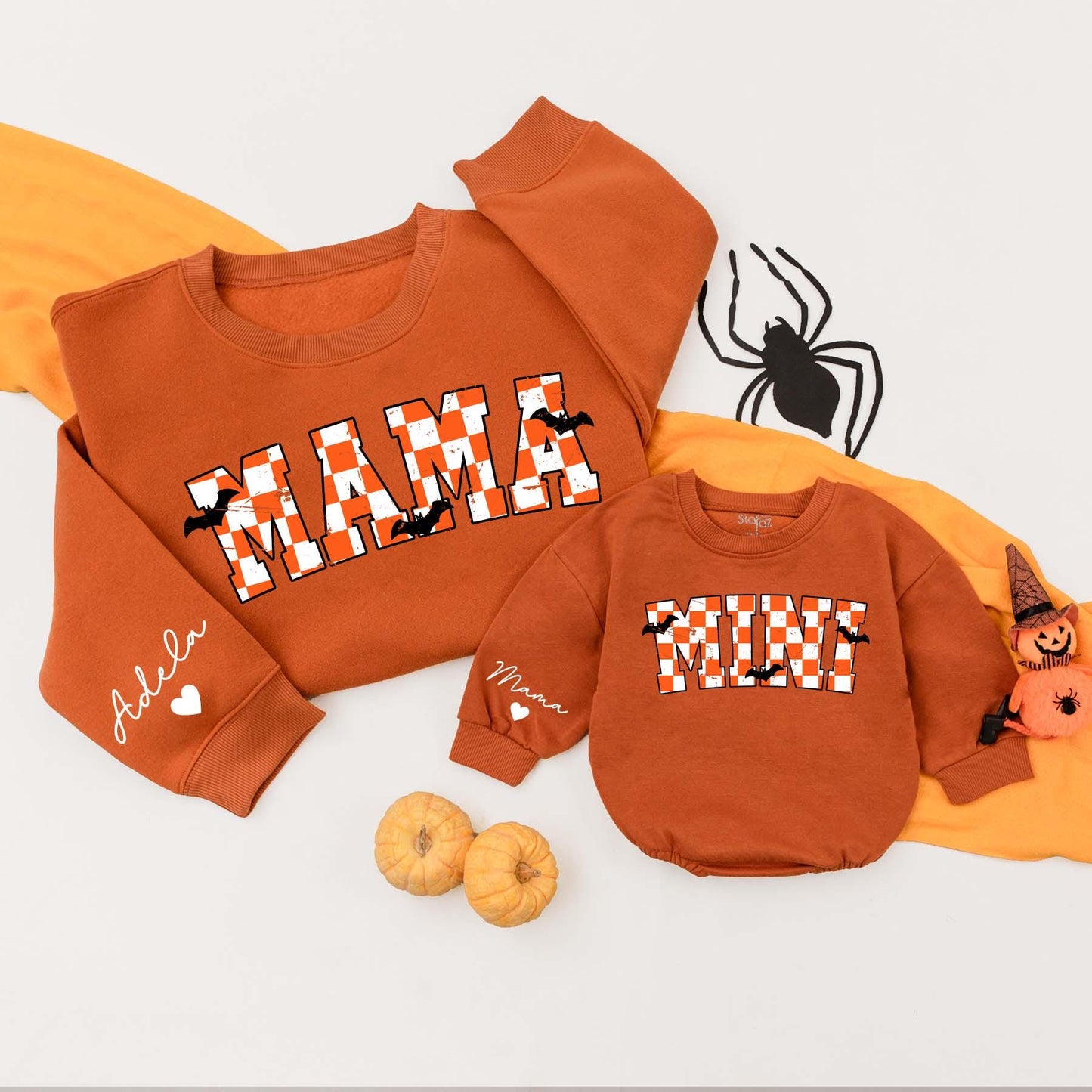 Personalized Mama Mini Sweatshirts Varsity Checkered Halloween Mommy and Me Baby Bodysuit Spooky Fall Outfits