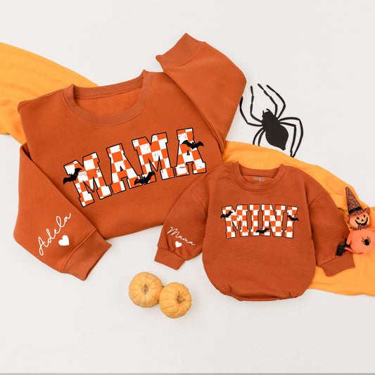 Personalized Mama Mini Sweatshirts Varsity Checkered Halloween Mommy and Me Baby Bodysuit Spooky Fall Outfits