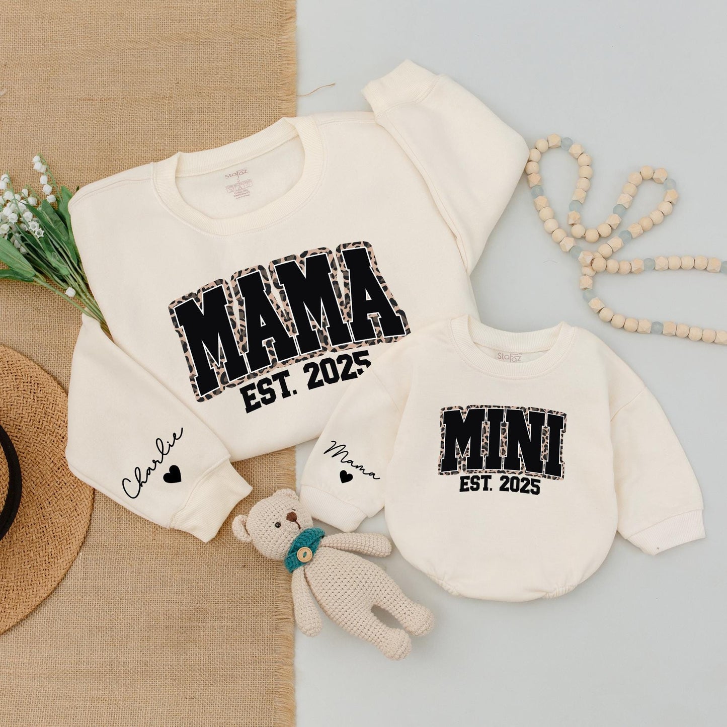 Personalized Leopard Mama Mini Sweatshirts Matching Mommy and Me Outfits Cheetah Print Thanksgiving