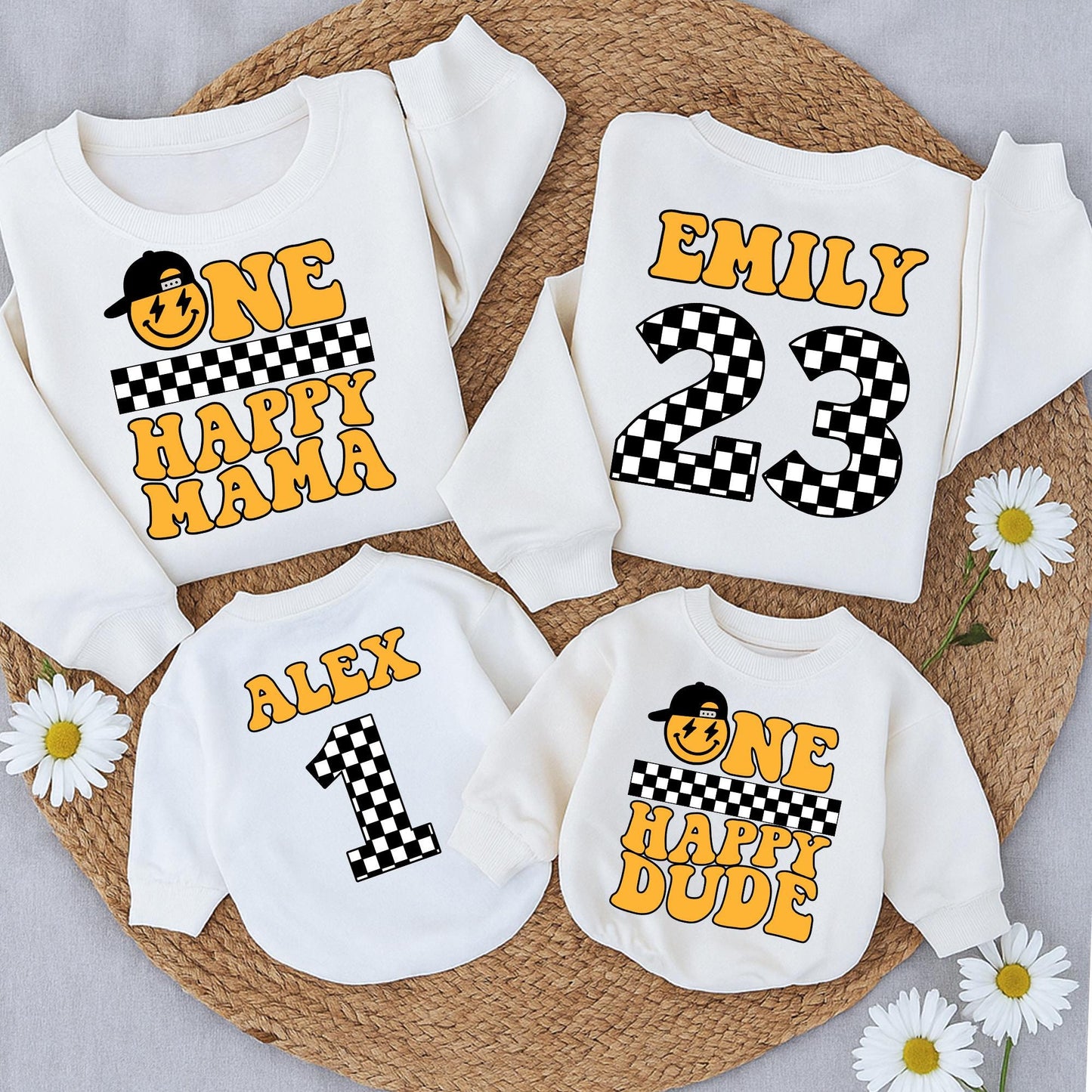 Matching Happy Dude 1st Birthday Outfit | Smiley Face Baseball Cap Design, Yellow & Black Checkered Flag Style, First Birthday Gift for Baby Boy