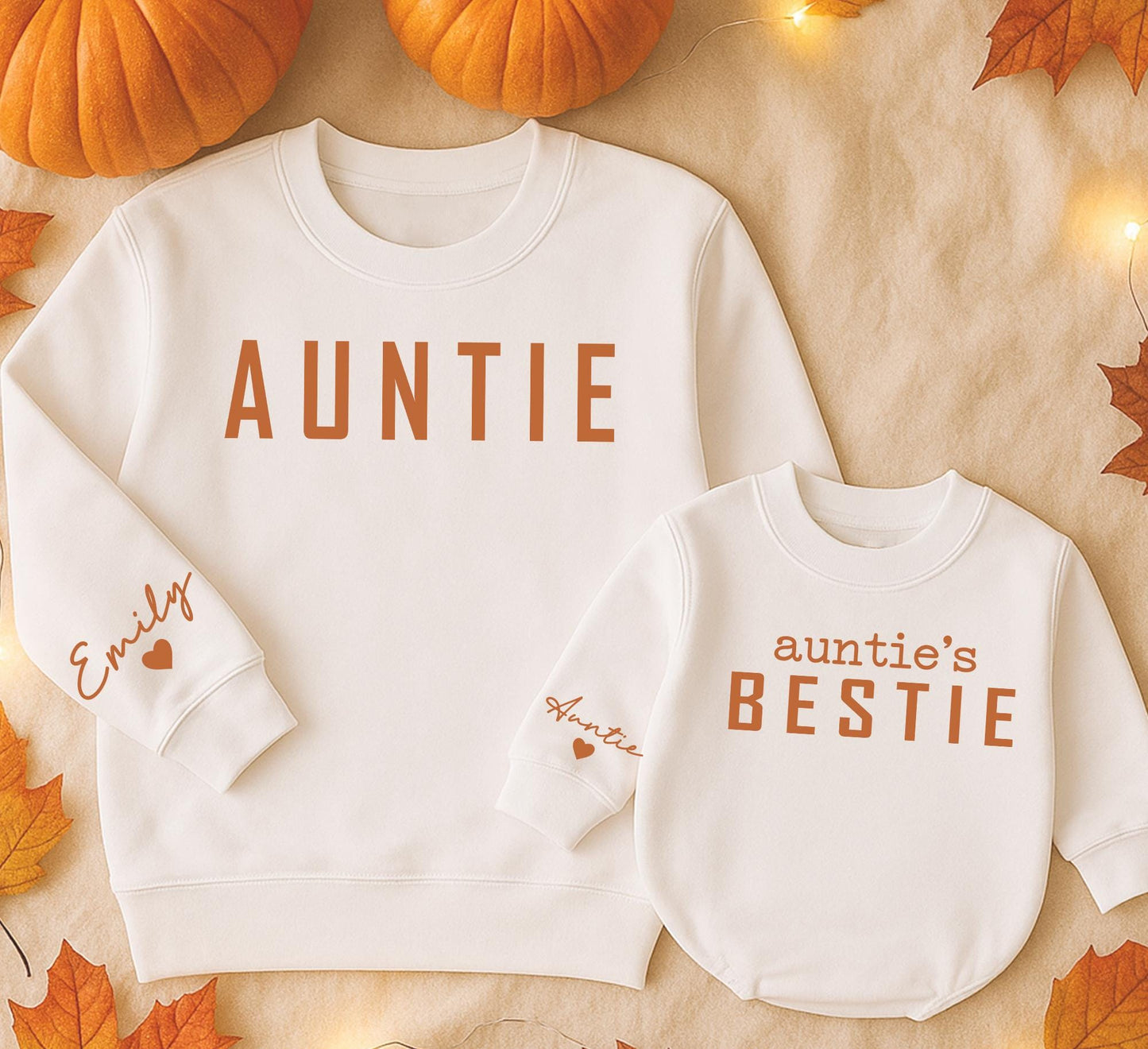 Auntie's Bestie Matching Sweatshirts - Adorable Aunt & Me Sweaters for Pumpkin Spice Season, Cute Thanksgiving Family Outfit, Personalized Emily Sleeve 139
