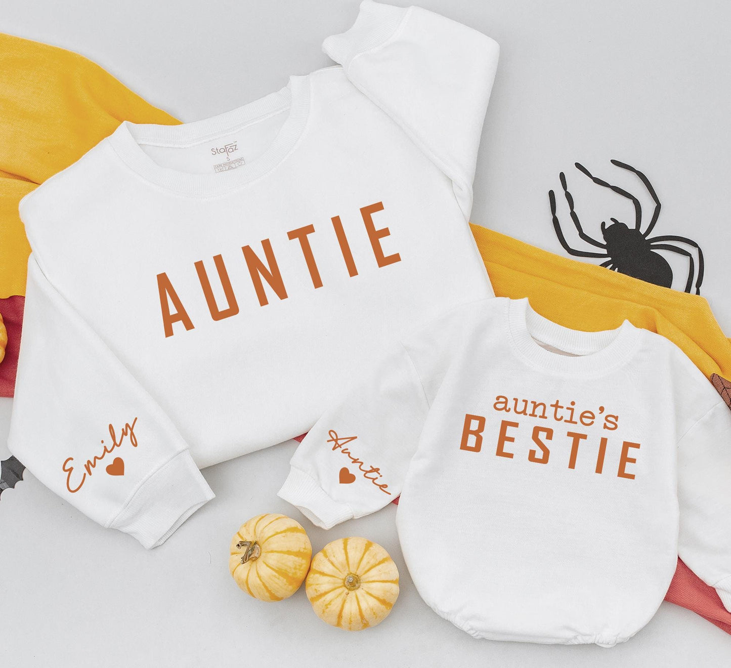 Auntie's Bestie Matching Sweatshirts - Adorable Aunt & Me Sweaters for Pumpkin Spice Season, Cute Thanksgiving Family Outfit, Personalized Emily Sleeve 139