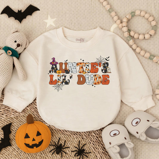Auntie's Little Dude Halloween Romper Baby Boy Spooky Outfit Fall Infant Bodysuit Cute Gift for Nephew First Halloween Look