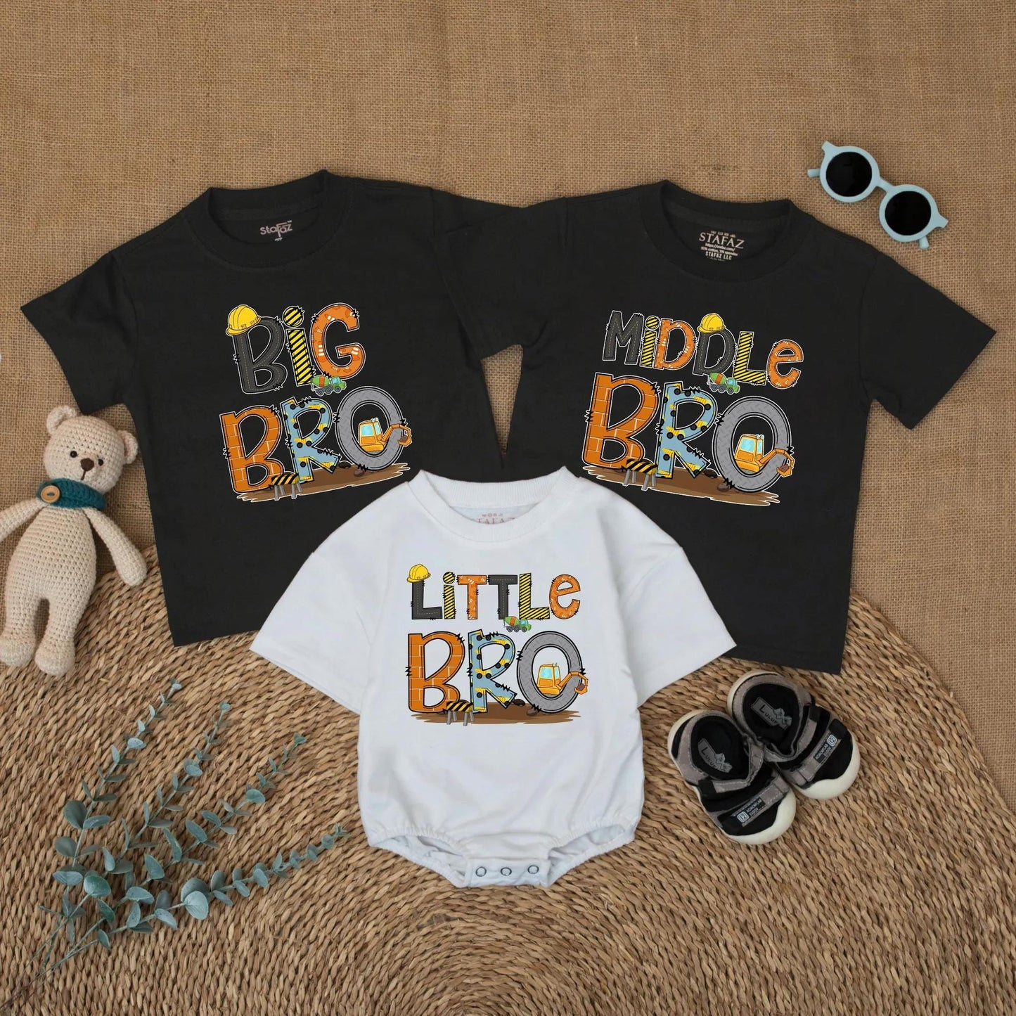 Big Brother Little Brother Construction Matching Shirts Reveal Outfits Toddler Boy Baby Announcement Clothes