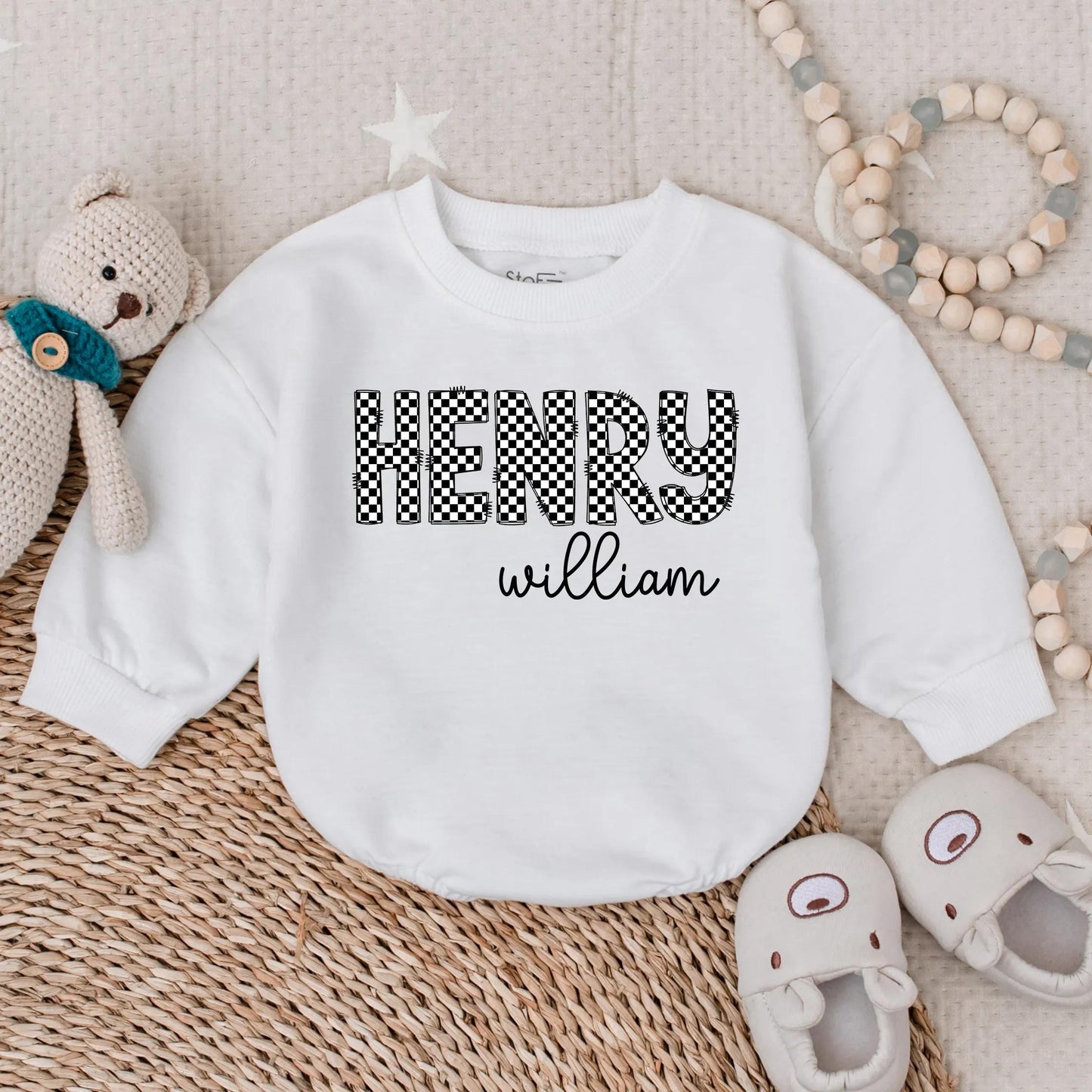 Oversized Checkered Bubble Romper Personalized with First and Middle Name Unique Baby Girl Custom Infant Jumpsuit Toddler Gift