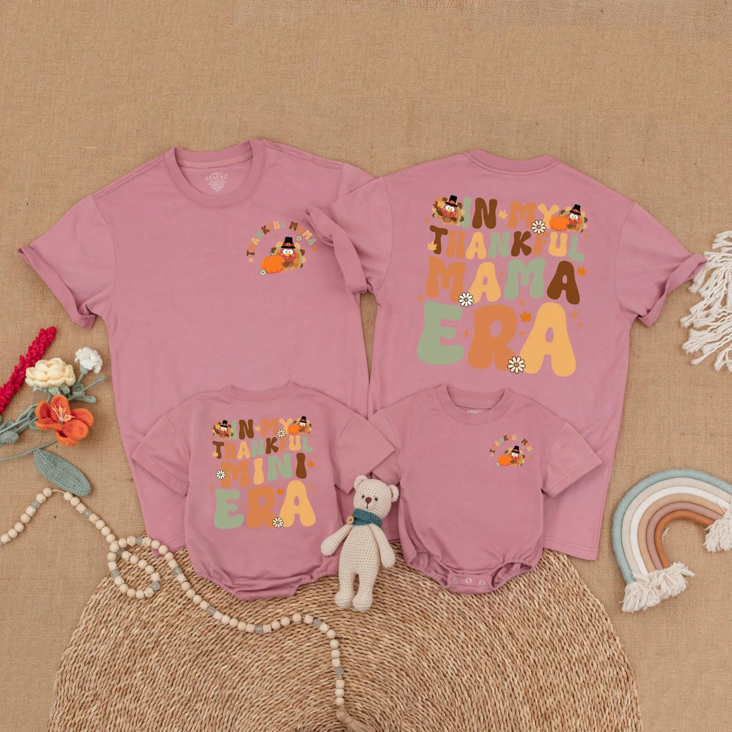 Thankful Mama and Mini Matching Shirts Thanksgiving Outfits Retro Turkey Design Family Gift Fall Baby Toddler Shirts Mommy and Me