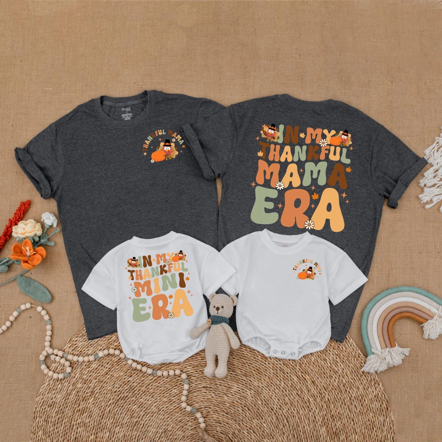 Thankful Mama and Mini Matching Shirts Thanksgiving Outfits Retro Turkey Design Family Gift Fall Baby Toddler Shirts Mommy and Me