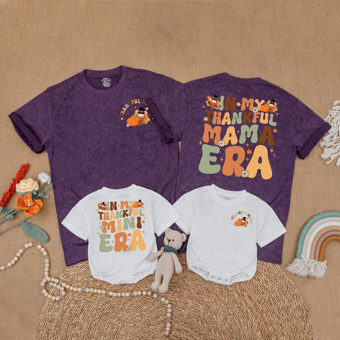 Thankful Mama and Mini Matching Shirts Thanksgiving Outfits Retro Turkey Design Family Gift Fall Baby Toddler Shirts Mommy and Me