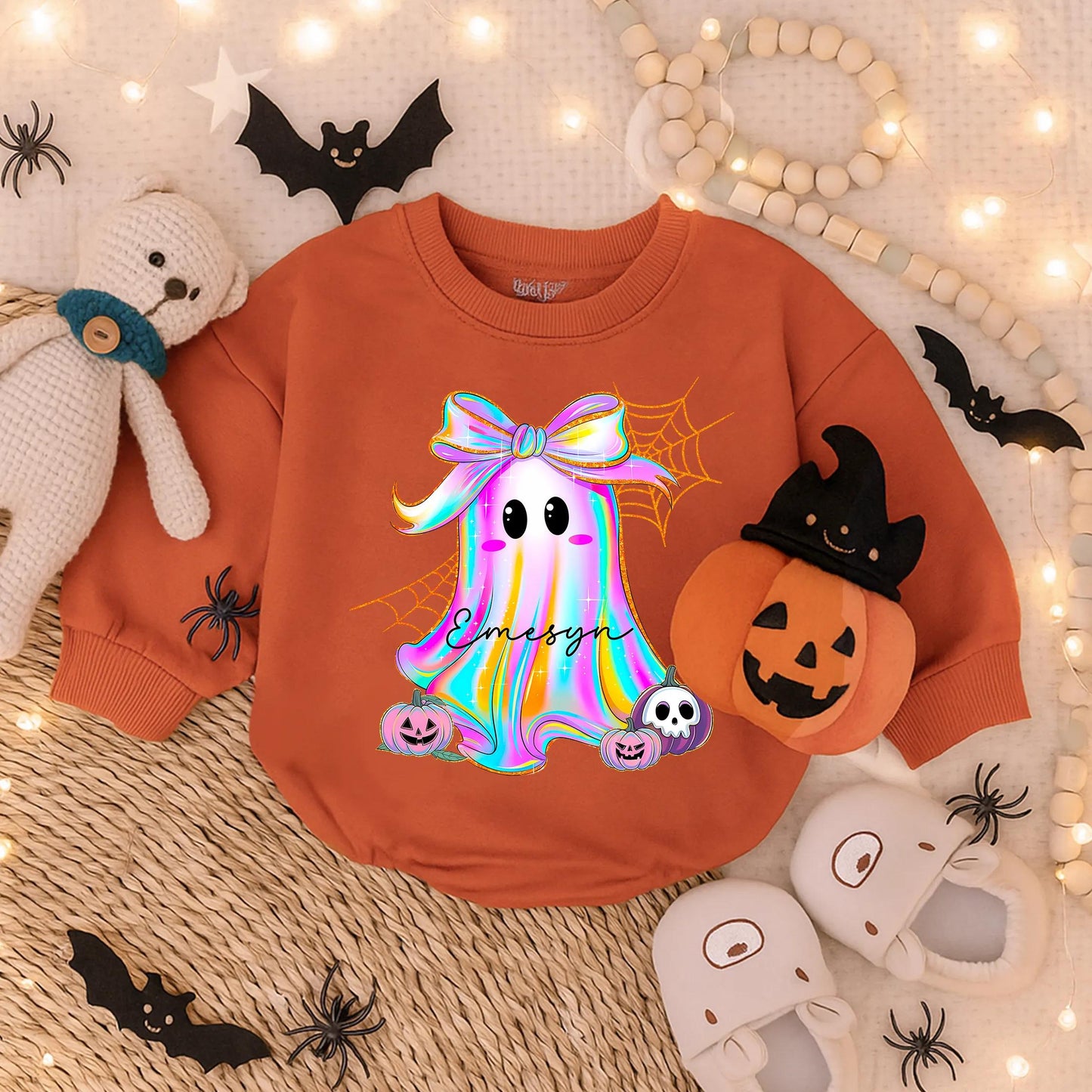 Custom Iridescent Ghost Pumpkin Romper Girly First Halloween Baby Outfit Cute Spooky Fall Bodysuit Preppy Ghost Bubble for Girls