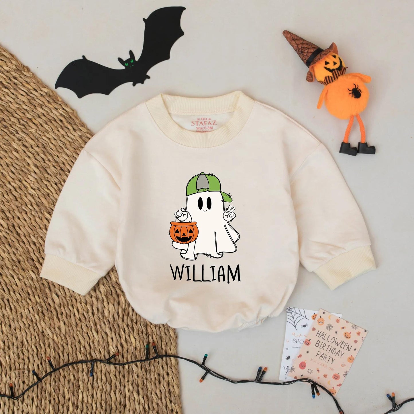 Personalized Ghost Romper: William's First Halloween! Cute Spooky Baby Outfit with Green Hat Pumpkin, Custom Name Bodysuit, Unique Spooky Season Gift