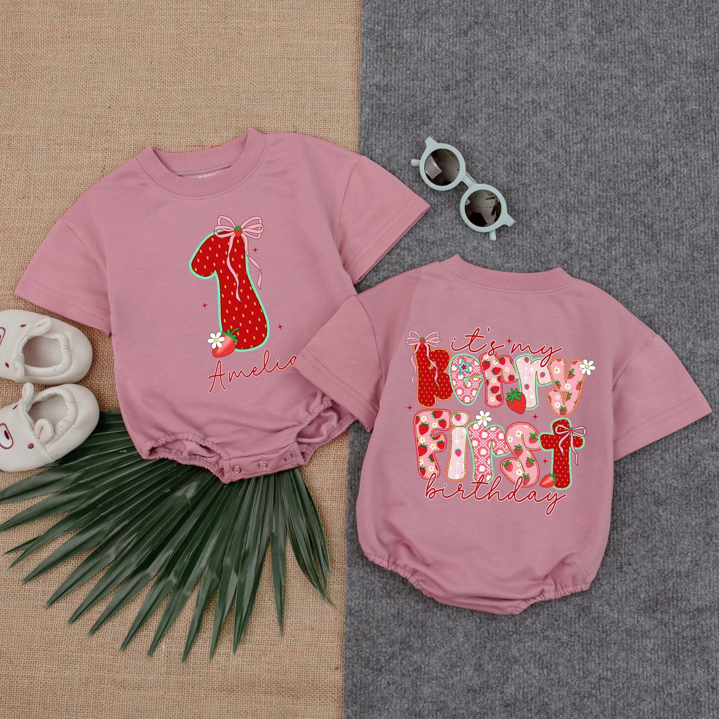 Custom Baby Girl 1st Birthday Strawberry Romper with Name It's My Berry First Birthday Outfit Pink Bow Green Leaf Summer Bubble One Piece Cheerful Celebration