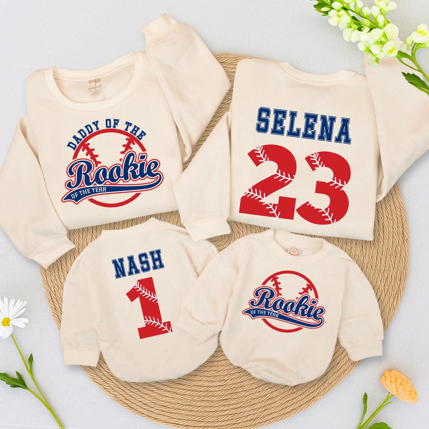Rookie of the Year Baseball Birthday Sweatshirt, Daddy's Little MVP Outfit, Custom Name & Number 1st Birthday Party Shirt, Blue and Red Design (137 chars)