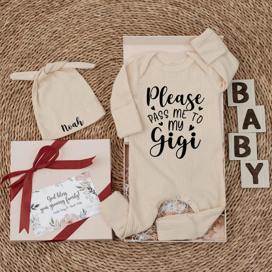 Custom Please Pass Me to My Gigi Baby Bodysuit Romper Grandchild Gift Newborn Outfit for Grandma Baby Shower Present