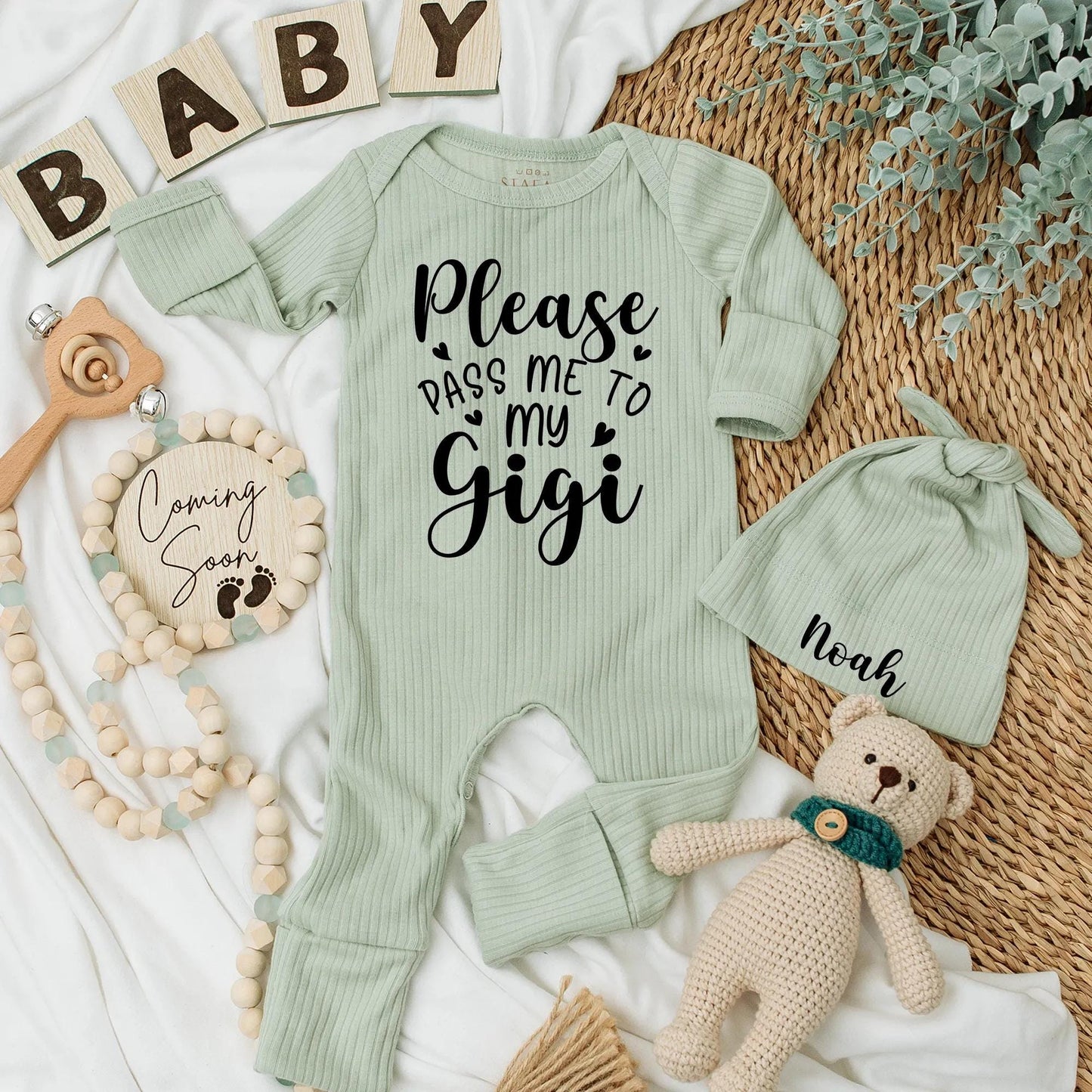 Custom Please Pass Me to My Gigi Baby Bodysuit Romper Grandchild Gift Newborn Outfit for Grandma Baby Shower Present
