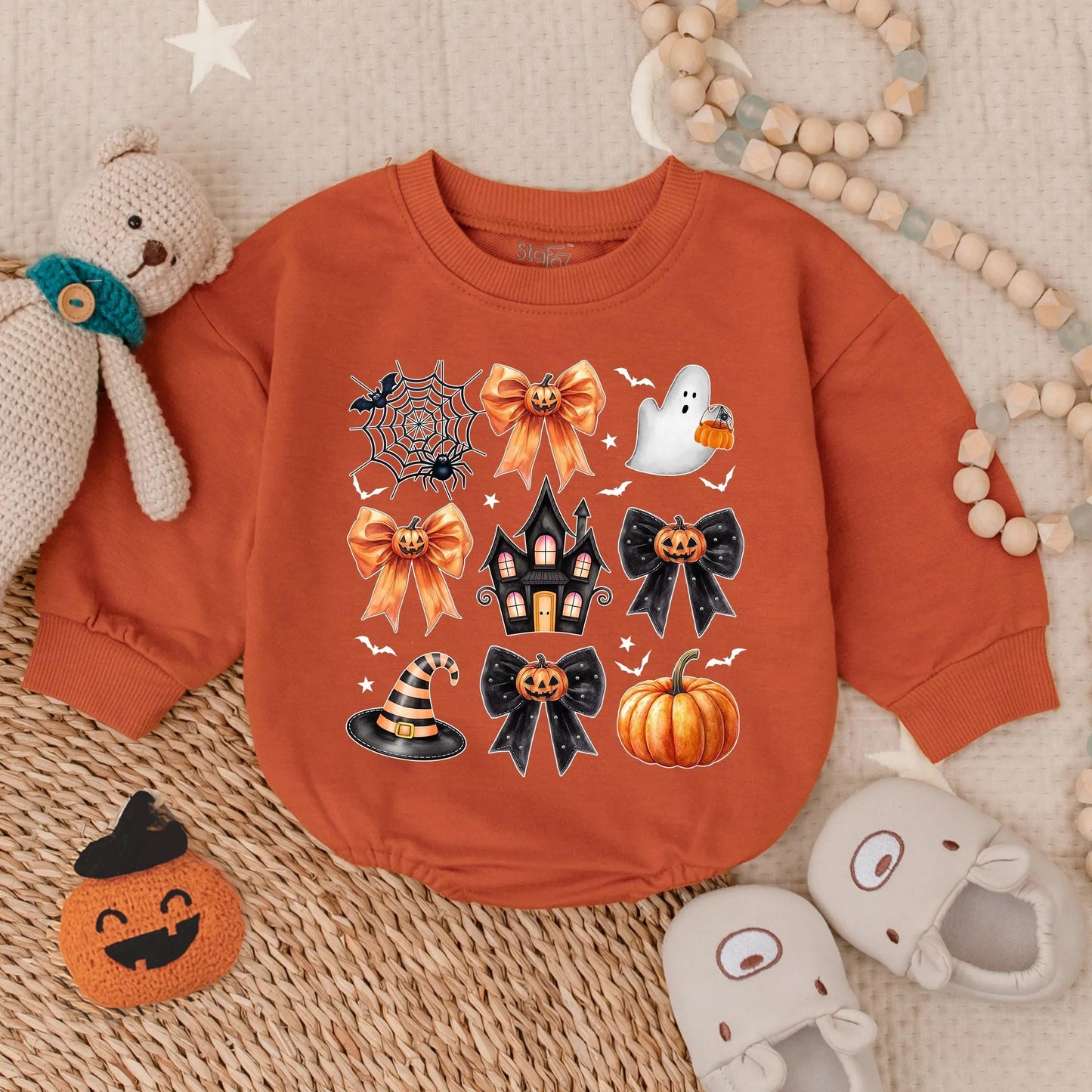Custom Preppy Halloween Spooky Baby Ghost Bubble Romper with Cute Pumpkin Design Oversized Bodysuit Fall Infant Costume Outfit for Toddlers