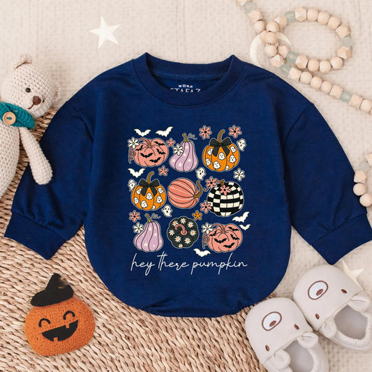 Hey There Pumpkin Baby Romper - Spooky Halloween Outfit for Baby Boy or Girl - Retro Glitter Autumn Clothes - First Halloween Bodysuit