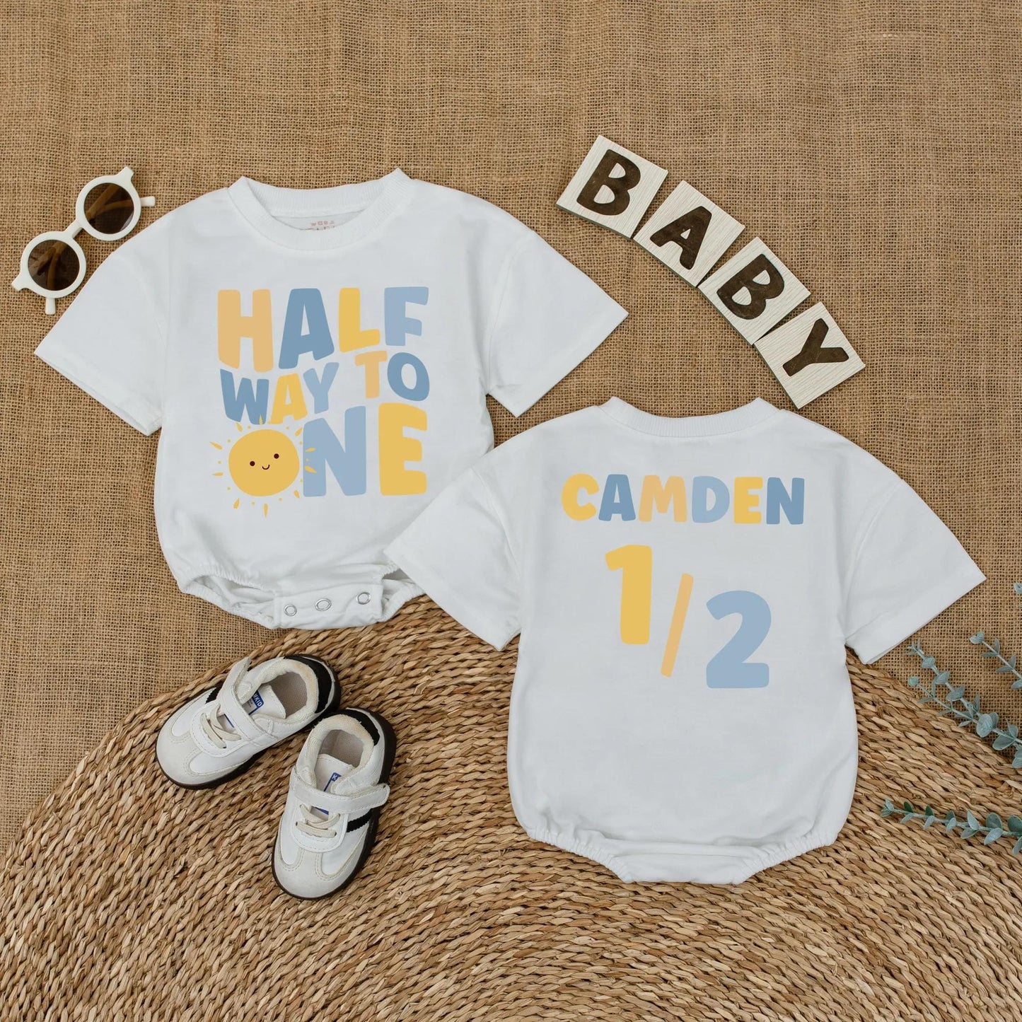 Personalized Sunshine Half Birthday Baby Romper Custom Name 6 Months Milestone Gift Bodysuit for Baby Boys Summer Sun Theme Outfit