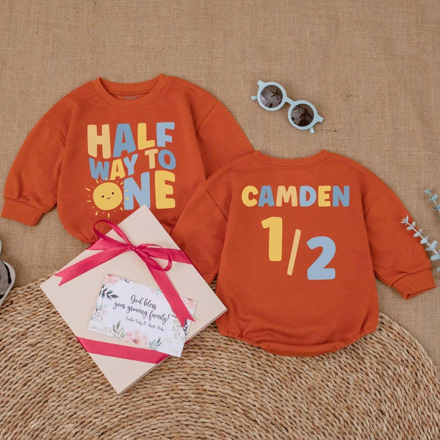 Personalized Sunshine Half Birthday Baby Romper Custom Name 6 Months Milestone Gift Bodysuit for Baby Boys Summer Sun Theme Outfit