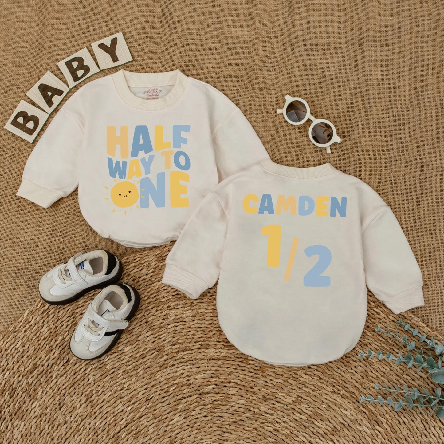 Personalized Sunshine Half Birthday Baby Romper Custom Name 6 Months Milestone Gift Bodysuit for Baby Boys Summer Sun Theme Outfit