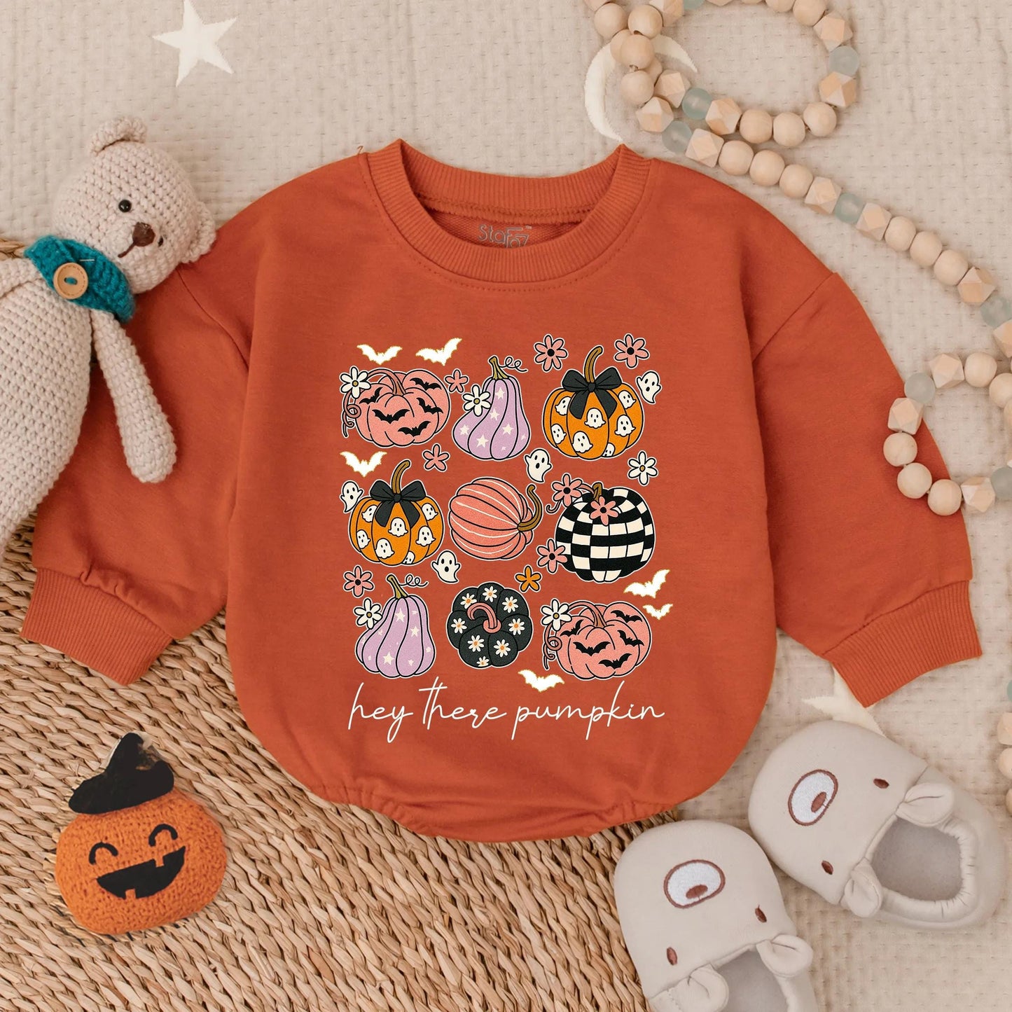 Hey There Pumpkin Baby Romper - Spooky Halloween Outfit for Baby Boy or Girl - Retro Glitter Autumn Clothes - First Halloween Bodysuit