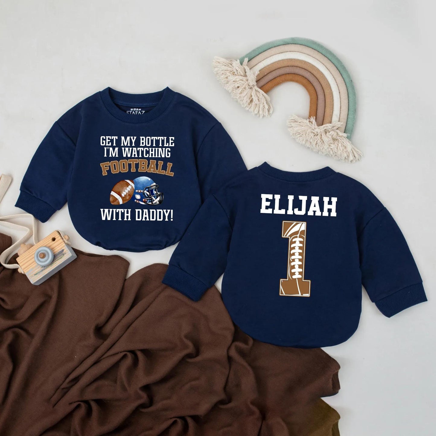 Personalized Baby Boy Football Romper Game Day Bodysuit featuring Get My Bottle I’m Watching Football With Daddy Quote Sports Outfit Cute Baby Shower Gift